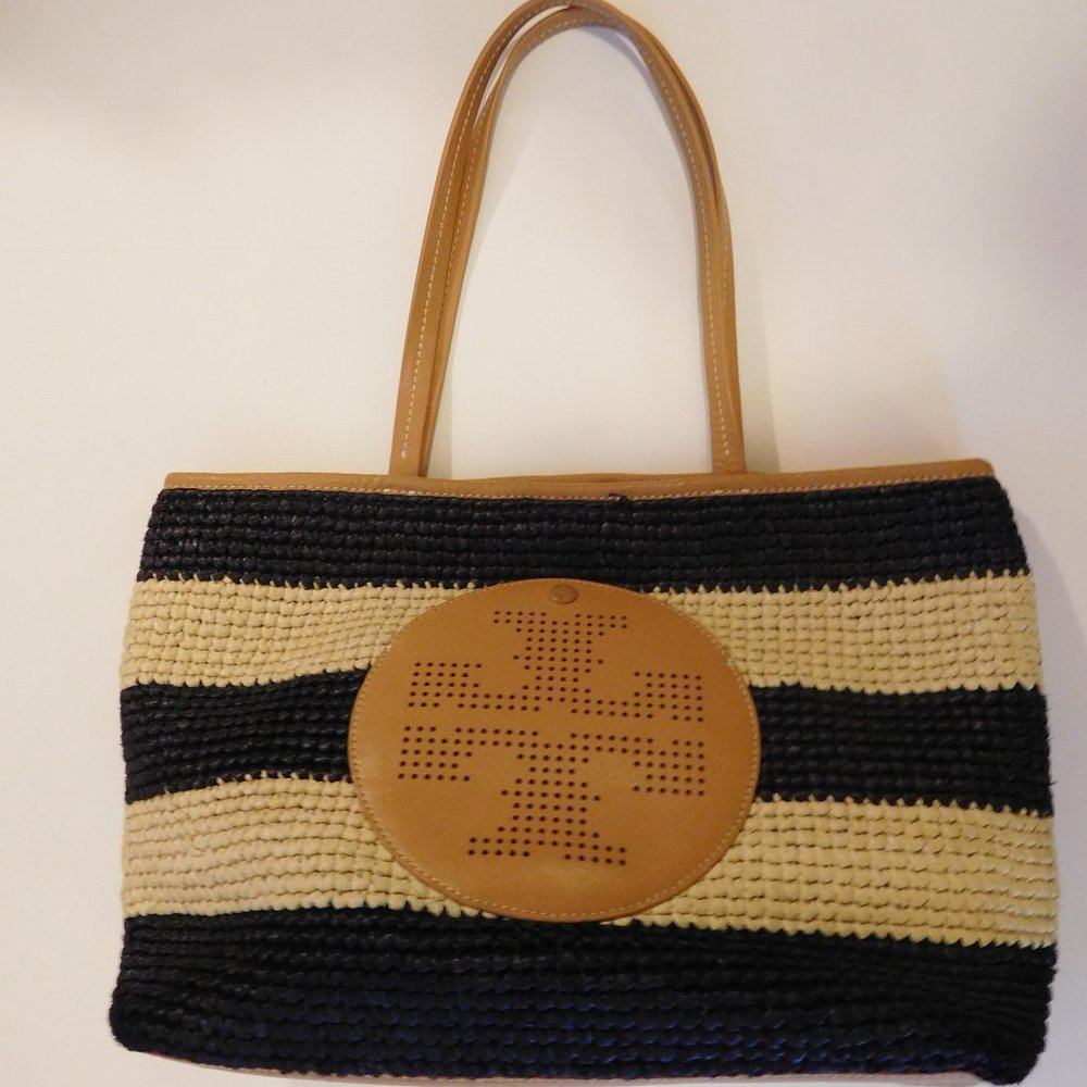 Tory Burch Black/Tan Straw Basket Tote Bag
